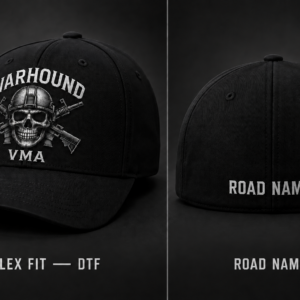 Black Warhound VMA Flexfit hat with DTF front design and road name on back