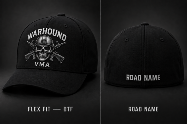 Black Warhound VMA Flexfit hat with DTF front design and road name on back