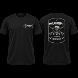 Front and back view of the black Warhound VMA members-only T-shirt