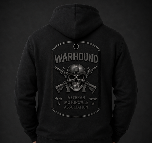 Back view of black Warhound VMA members-only premium hoodie