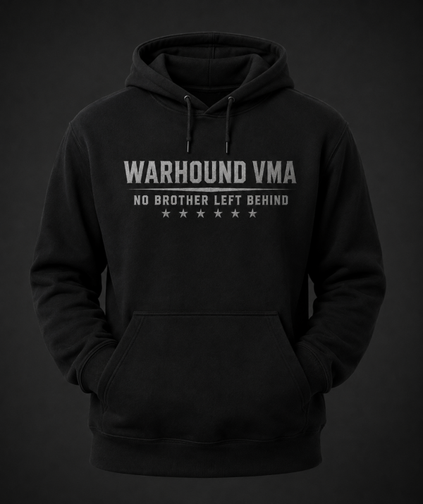 Front view of black Warhound VMA members-only premium hoodie