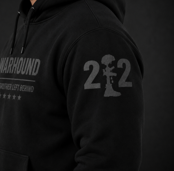 Left sleeve detail of black Warhound VMA members-only premium hoodie