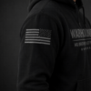 Right sleeve detail of black Warhound VMA members-only premium hoodie