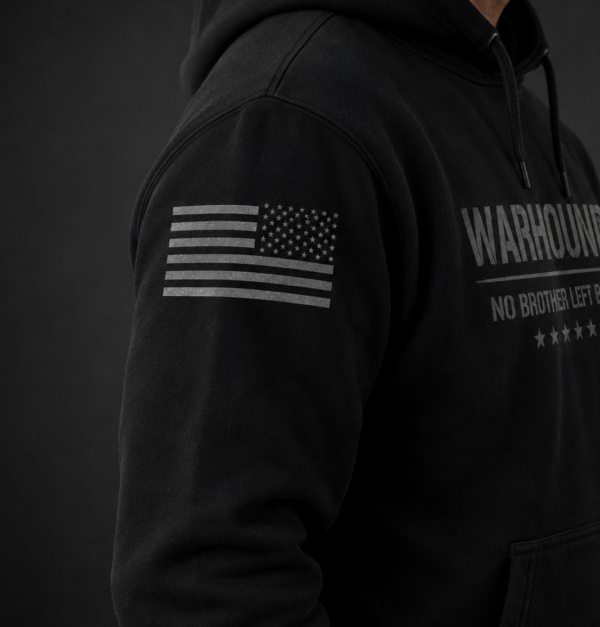 Right sleeve detail of black Warhound VMA members-only premium hoodie