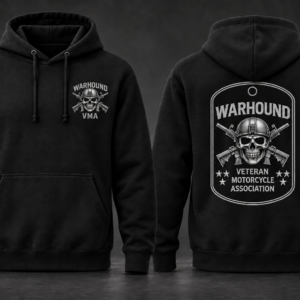 Black Warhound VMA members-only hoodie with skull chest logo and full dog-tag back