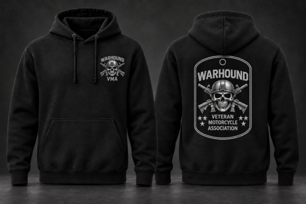 Black Warhound VMA members-only hoodie with skull chest logo and full dog-tag back