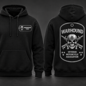 Black Warhound VMA hoodie with horizontal dog-tag chest patch and full back logo
