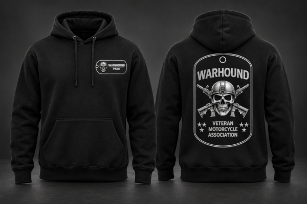 Black Warhound VMA hoodie with horizontal dog-tag chest patch and full back logo