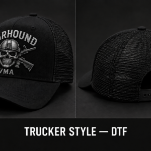 Black Warhound VMA trucker style hat with DTF front design