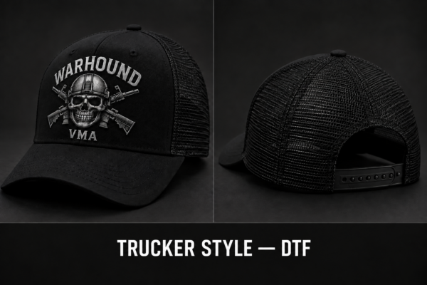 Black Warhound VMA trucker style hat with DTF front design