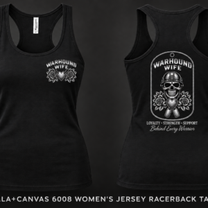 Black Bella Canvas 6008 women's racerback tank with Warhound Wife chest and back DTF designs