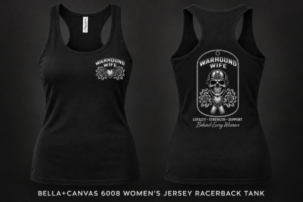 Black Bella Canvas 6008 women's racerback tank with Warhound Wife chest and back DTF designs