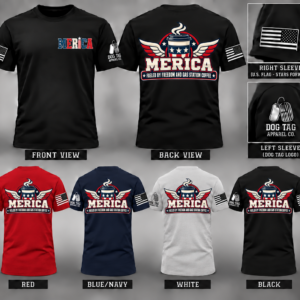 MERICA Fueled by Freedom and Gas Station Coffee T-shirt mockup in black, red, navy, and white