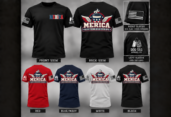MERICA Fueled by Freedom and Gas Station Coffee T-shirt mockup in black, red, navy, and white