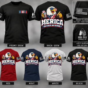 MERICA Bald Eagles, Bad Decisions T-shirt mockup in black, red, navy, and white