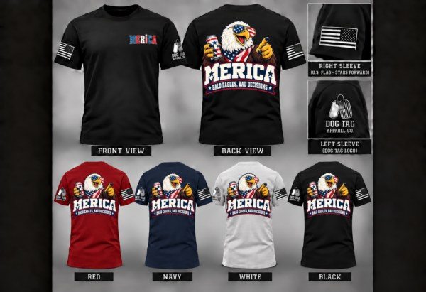 MERICA Bald Eagles, Bad Decisions T-shirt mockup in black, red, navy, and white
