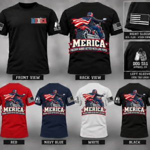 MERICA Freedom Sounds Better with Loud Pipes T-shirt mockup in black, red, navy, and white