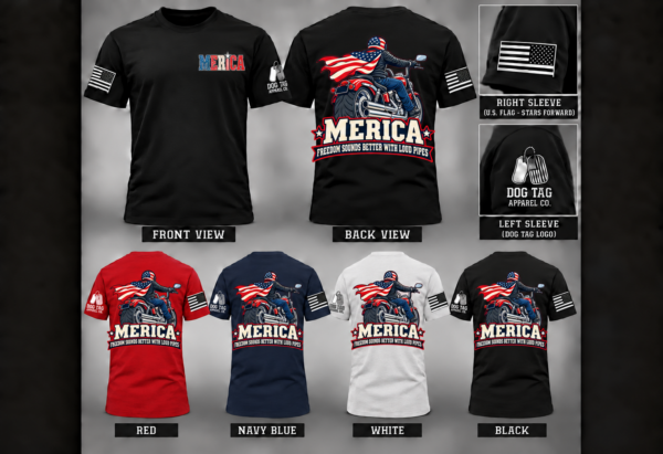 MERICA Freedom Sounds Better with Loud Pipes T-shirt mockup in black, red, navy, and white