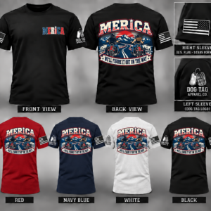 MERICA We'll Figure It Out on the Way T-shirt mockup in black, red, navy, and white