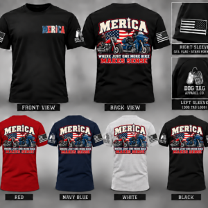 MERICA Where Just One More Bike Makes Sense T-shirt mockup in black, red, navy, and white