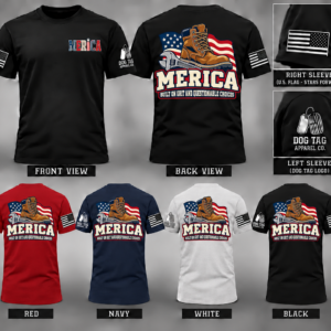 MERICA Built on Grit and Questionable Choices T-shirt mockup in black, red, navy, and white