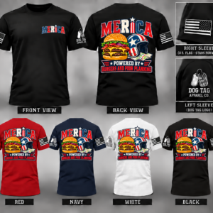 MERICA — Powered by Burgers and Poor Planning T-shirt mockup MERICA Powered by Burgers and Poor Planning T-shirt mockup in black, red, navy, and white