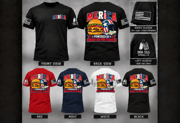 MERICA Powered by Burgers and Poor Planning T-shirt mockup in black, red, navy, and white