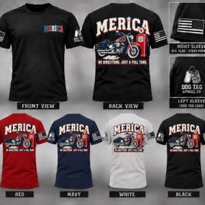 MERICA No Directions. Just a Full Tank. T-shirt mockup in black, red, navy, and white