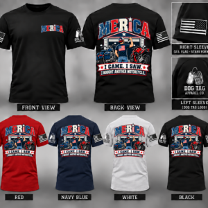 MERICA I Came. I Saw. I Bought Another Motorcycle. T-shirt mockup in black, red, navy, and white