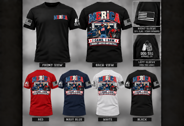 MERICA I Came. I Saw. I Bought Another Motorcycle. T-shirt mockup in black, red, navy, and white