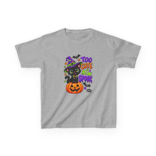 Kids Halloween Tee — "Too Cute to Spook" Black Cat Pumpkin Design