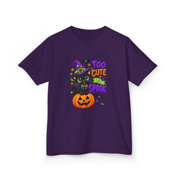 Kids Halloween Tee — "Too Cute to Spook" Black Cat Pumpkin Design