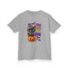 Kids Halloween Tee — "Too Cute to Spook" Black Cat Pumpkin Design