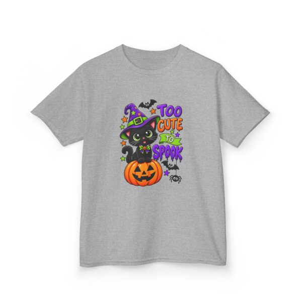 Kids Halloween Tee — "Too Cute to Spook" Black Cat Pumpkin Design