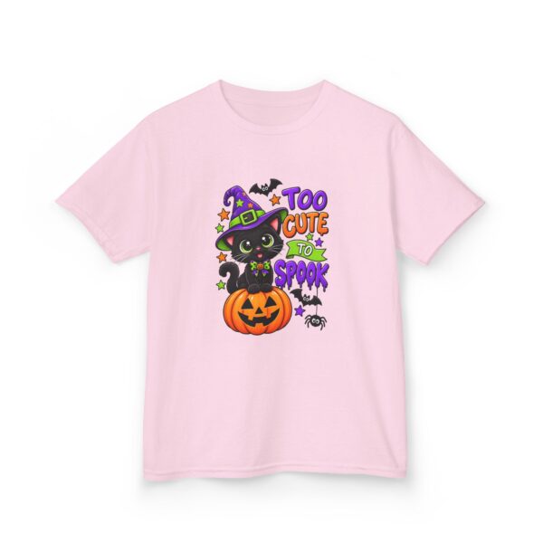 Kids Halloween Tee — "Too Cute to Spook" Black Cat Pumpkin Design