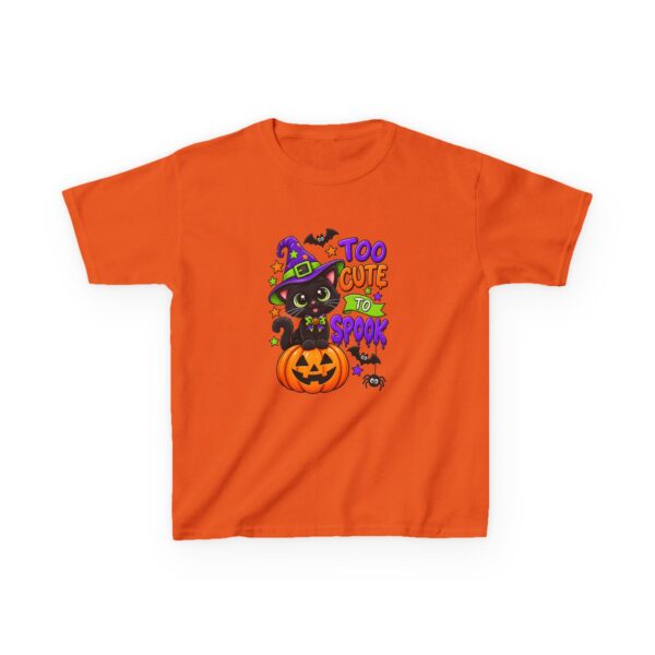 Kids Halloween Tee — "Too Cute to Spook" Black Cat Pumpkin Design