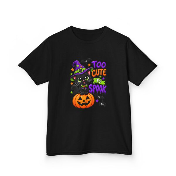 Kids Halloween Tee — "Too Cute to Spook" Black Cat Pumpkin Design