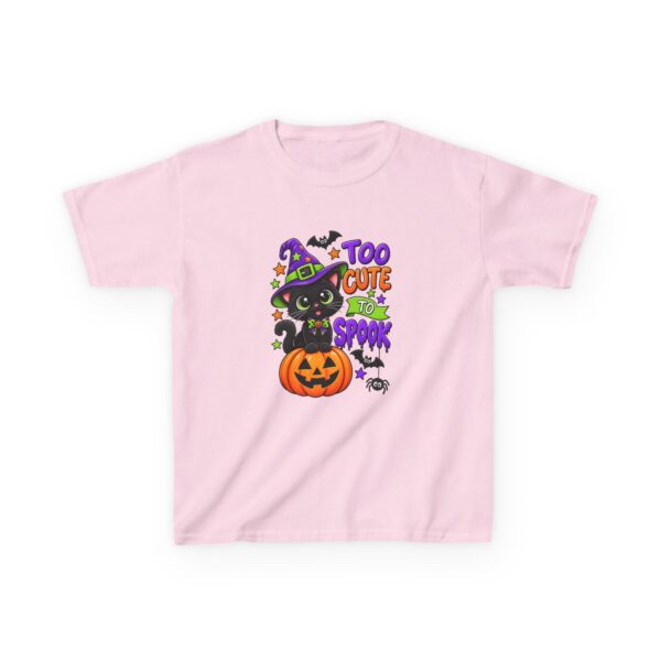 Kids Halloween Tee — "Too Cute to Spook" Black Cat Pumpkin Design