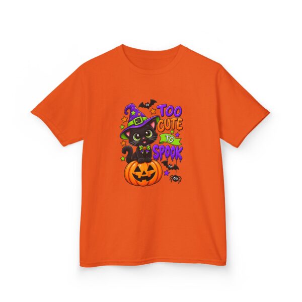 Kids Halloween Tee — "Too Cute to Spook" Black Cat Pumpkin Design