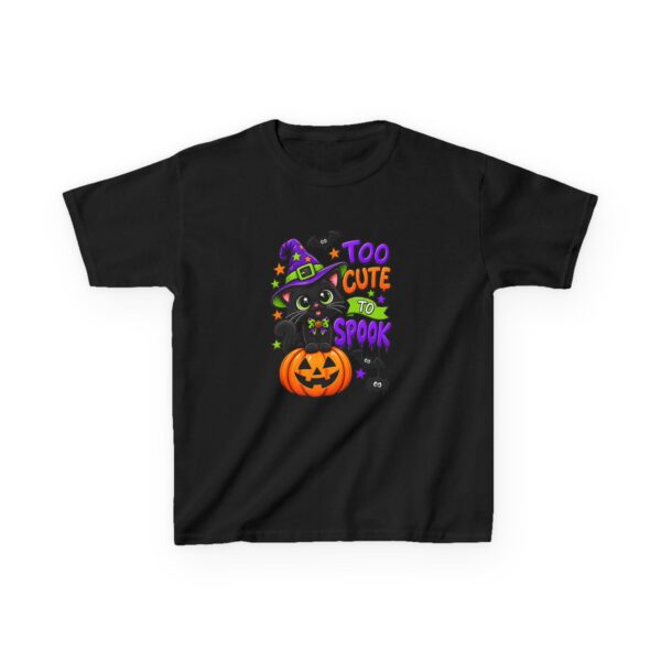 Kids Halloween Tee — "Too Cute to Spook" Black Cat Pumpkin Design