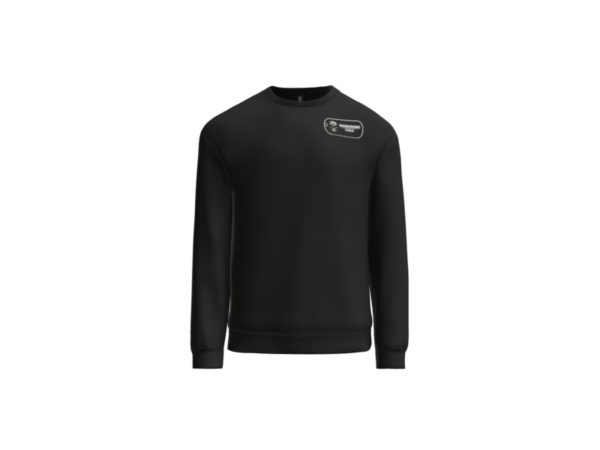 Front of black Warhound crewneck sweatshirt with left-chest dog-tag logo