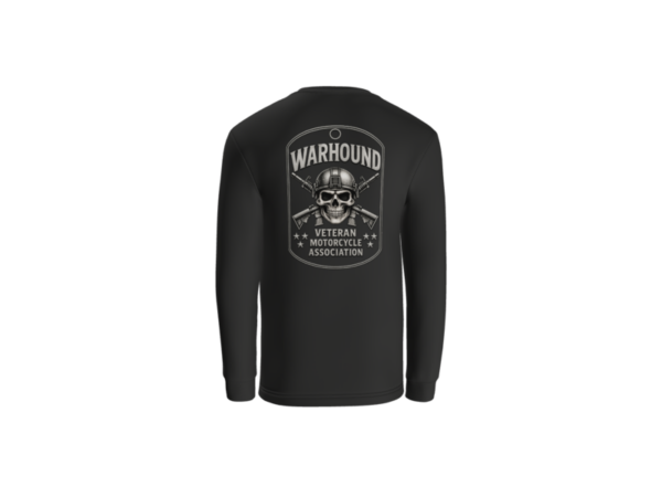 Back of black Warhound long-sleeve T-shirt with full dog-tag design