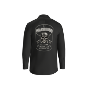 Back of black Warhound VMA long-sleeve work shirt with full dog-tag design