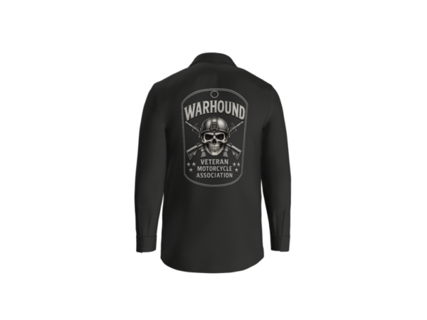Back of black Warhound VMA long-sleeve work shirt with full dog-tag design