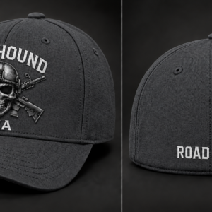 Front and back of a dark gray Warhound VMA FlexFit hat, with skull-and-crossed-rifles front artwork and ROAD NAME personalization shown on the back