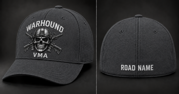 Front and back of a dark gray Warhound VMA FlexFit hat, with skull-and-crossed-rifles front artwork and ROAD NAME personalization shown on the back