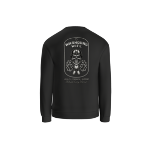 Back of black Warhound Wife crewneck sweatshirt with skull, roses, heart and dog-tag design