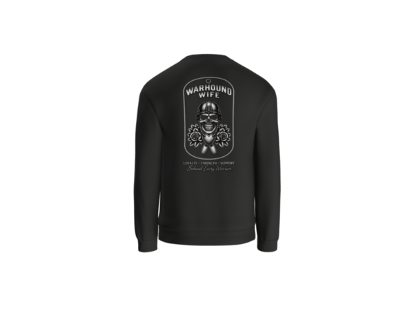Back of black Warhound Wife crewneck sweatshirt with skull, roses, heart and dog-tag design