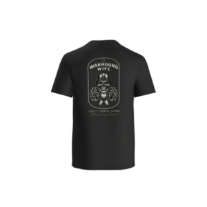Back of black Warhound Wife T-shirt with skull dog tags and flowers