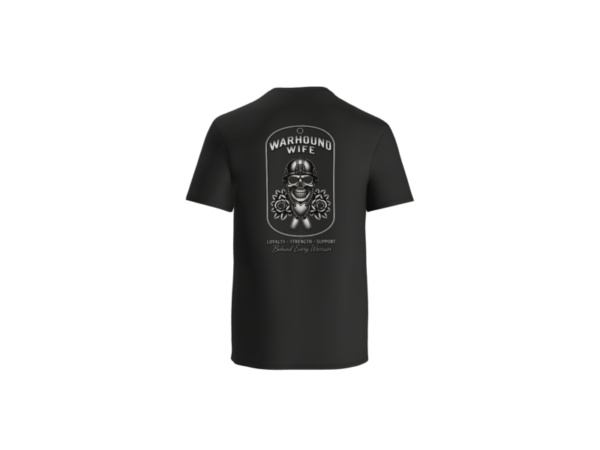 Back of black Warhound Wife T-shirt with skull dog tags and flowers